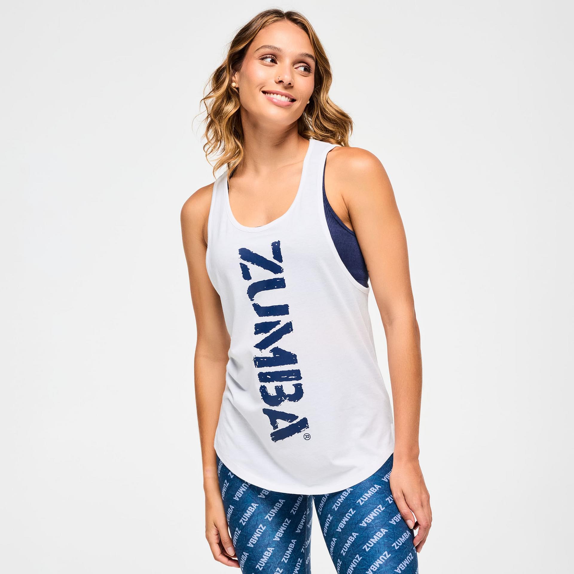 新作♪ズンバZumba Blue Jean Crew Neck Muscle Tank - White Blue Jean Crew Neck Muscle Tank – Zumba Wear | STRONG iD