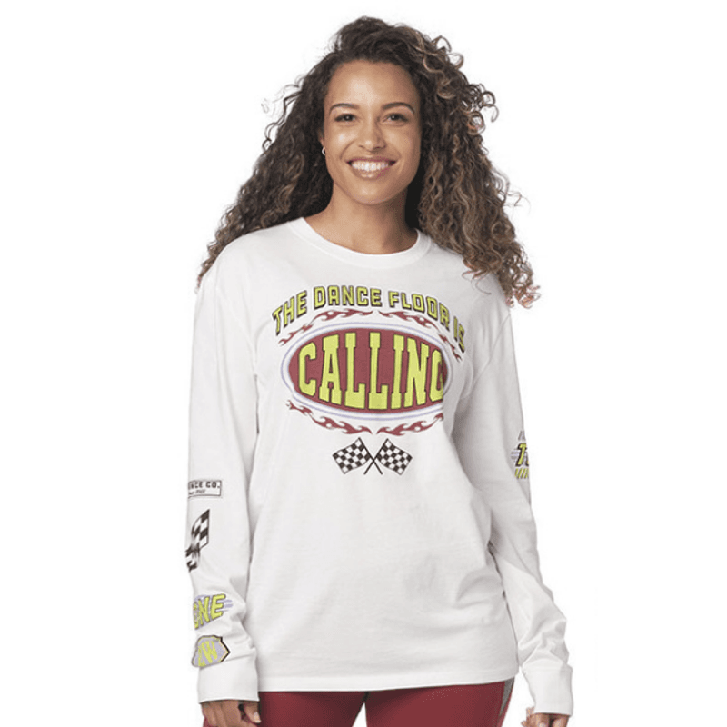 ズンバ男女兼The Dance Floor Is Calling Long Sleeve Tee-White The Dance Floor Is Calling Long Sleeve Tee